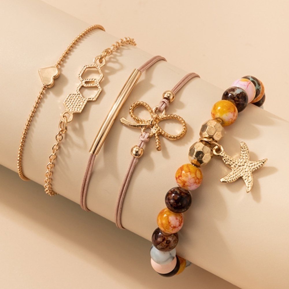 *ANNELLA* 5-Pc Gold x Bead Starfish Pendant Fashion Bracelet Set